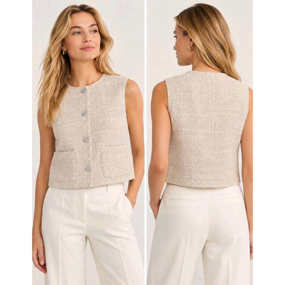 Theory Crop Tweed Vest Women’s Size 2 Beige Taupe Patch Pocket Button Front